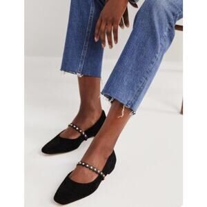 Boden Black Mary Jane Ballet Flats Pearl Strap Suede Size 39 Academia Office
